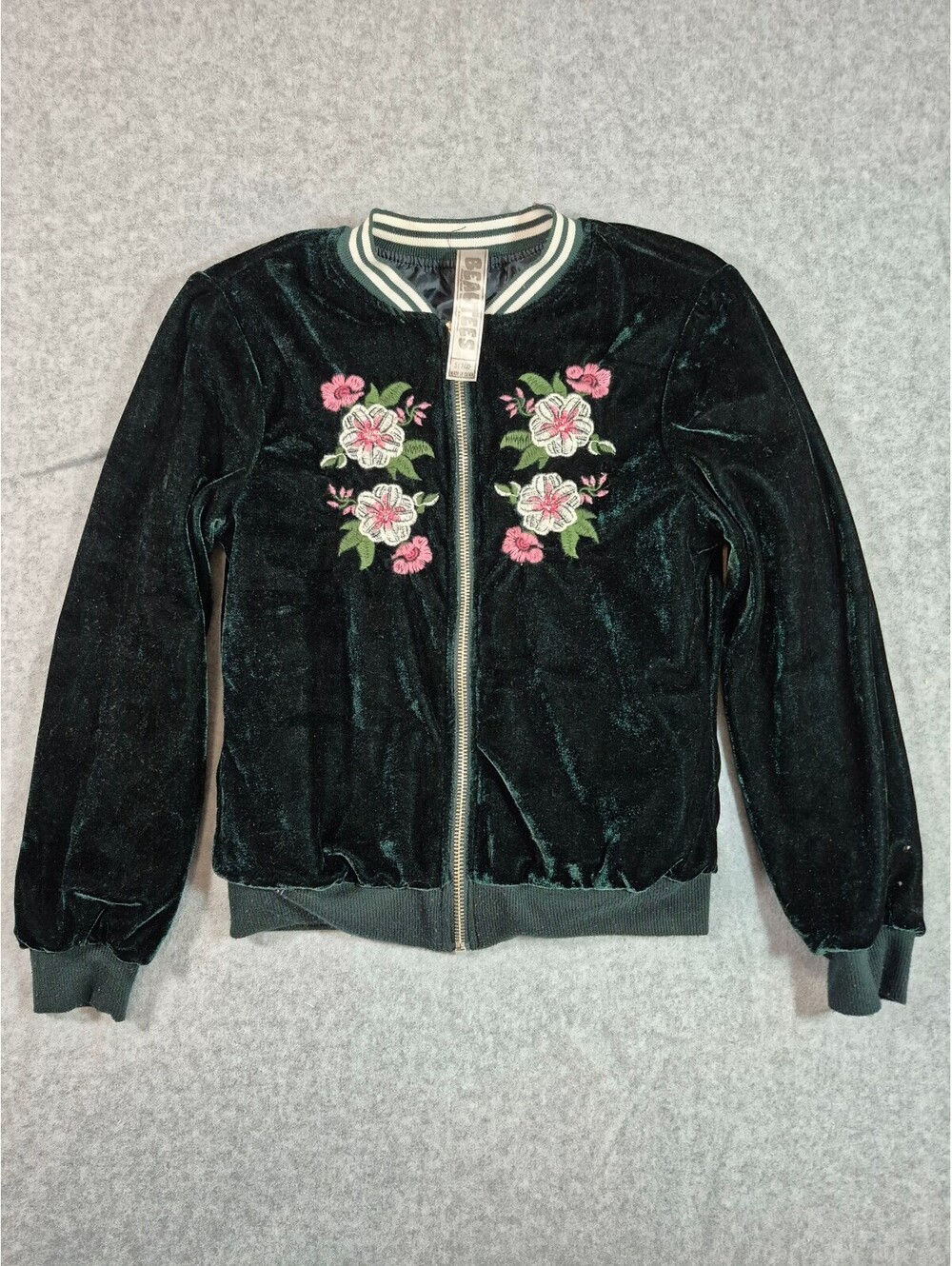 Beautees Girls Green Velvet Floral Embroidered Bomber Jacket s 7/8
